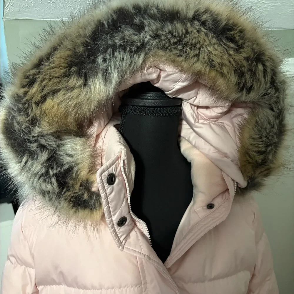 Lands’ End Light Pink Women's Down Fur-Trimmed Hood 3/4 Length Puffer Coat SMALL - Picture 3 of 6
